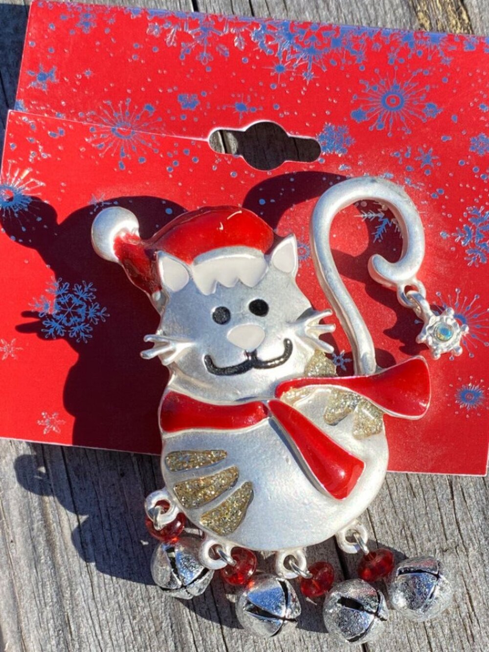 Christmas Jingle Bell Kitty Cat Holiday Brooch Pin Cute Silver White Like New!